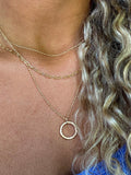 sterling silver 14k yellow gold filled circle shape pendants kaivi jewelry woman wearing necklaces