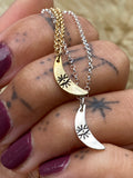 sterling silver brass 14k yellow gold filled crescent moon evil eye pendant kaivi jewelry woman wearing necklace